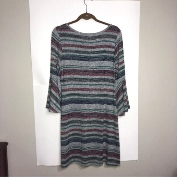 Market& Spruce Stripe Dress M Green Blue Wine Grey Long Bell Sleeve Knee - Picture 8 of 8